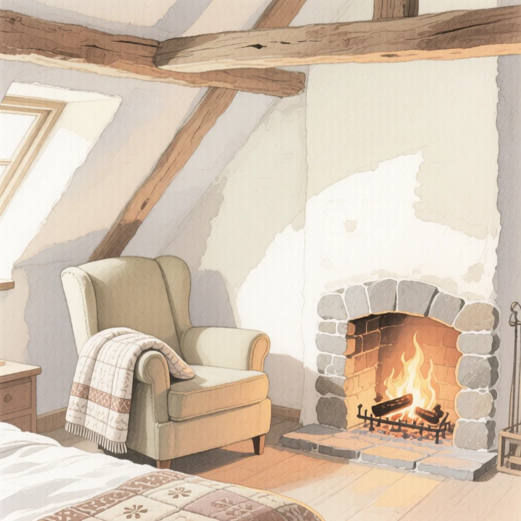 A charming view of a rustic attic bedroom, with a fire crackling softly in the hearth, featuring a quilt folded over the arm of a chair