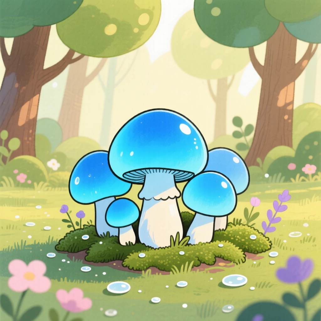 A patch of glowing blue mushrooms in an enchanted wood glistening with morning dew.