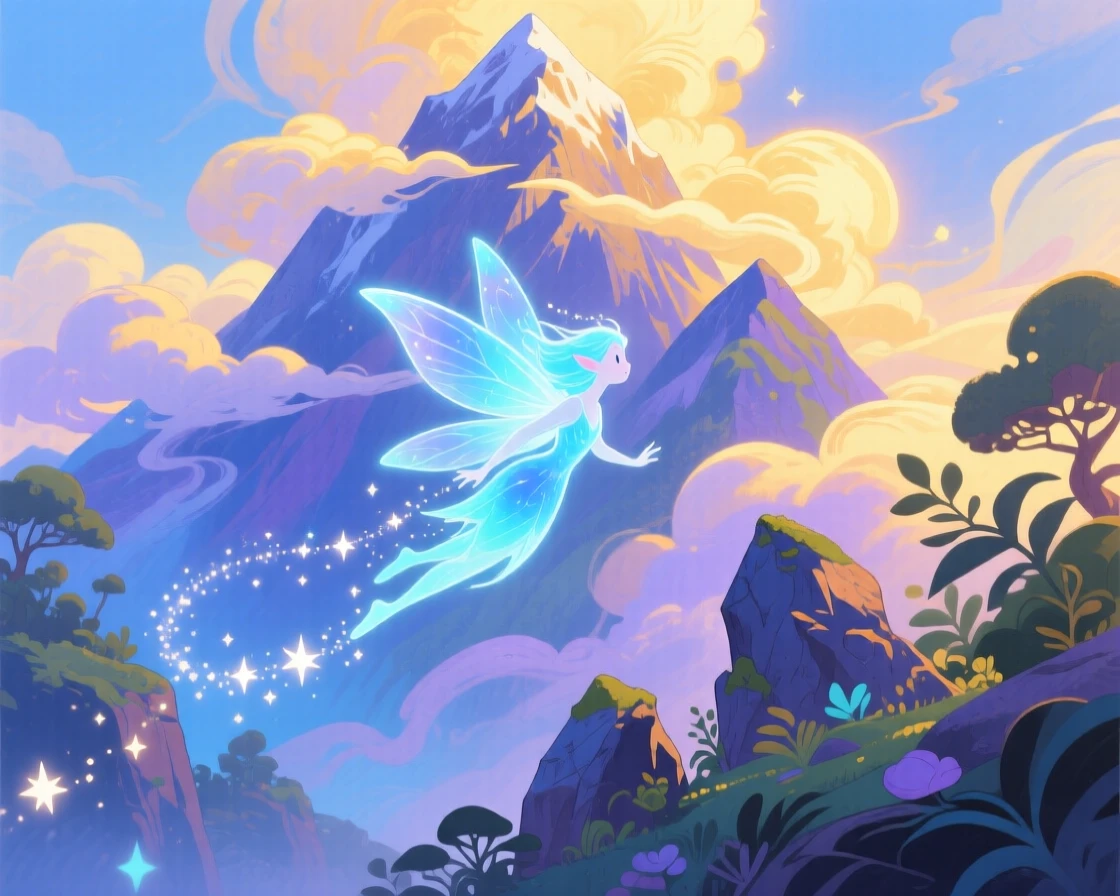 A luminous water sprite leaving a trail of sparkling stardust as it moves, in a mystical mountain peak wrapped in clouds, brimming with magical warmth and beauty.