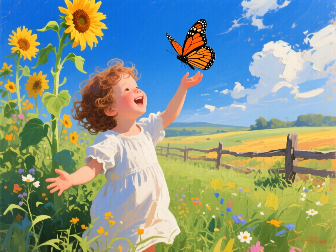 a child releasing a butterfly among tall flowers, at the height of summer, with a clear foreground, subject, and distant setting.