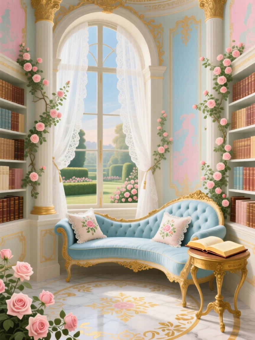 A circular reading nook in a tower surrounded by books and rose vines  