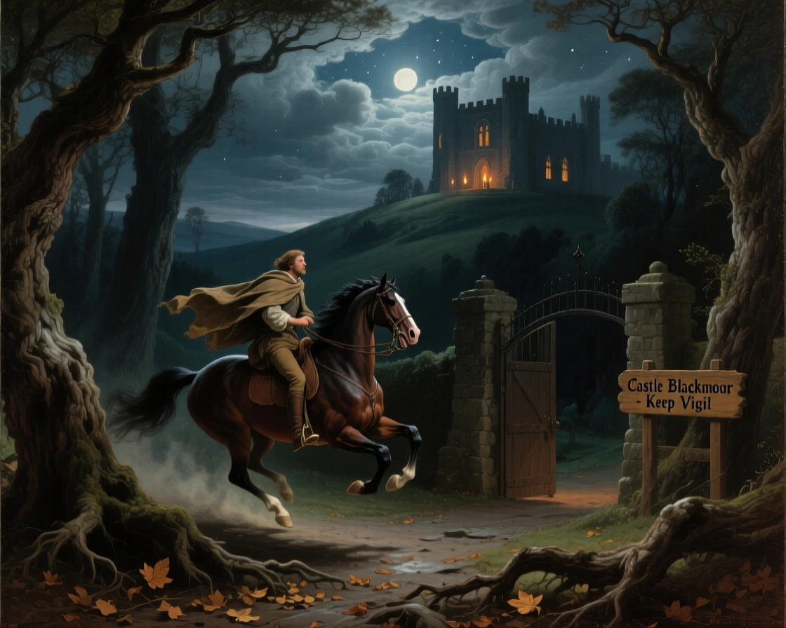 A messenger rides through the night to deliver urgent news to a castle.