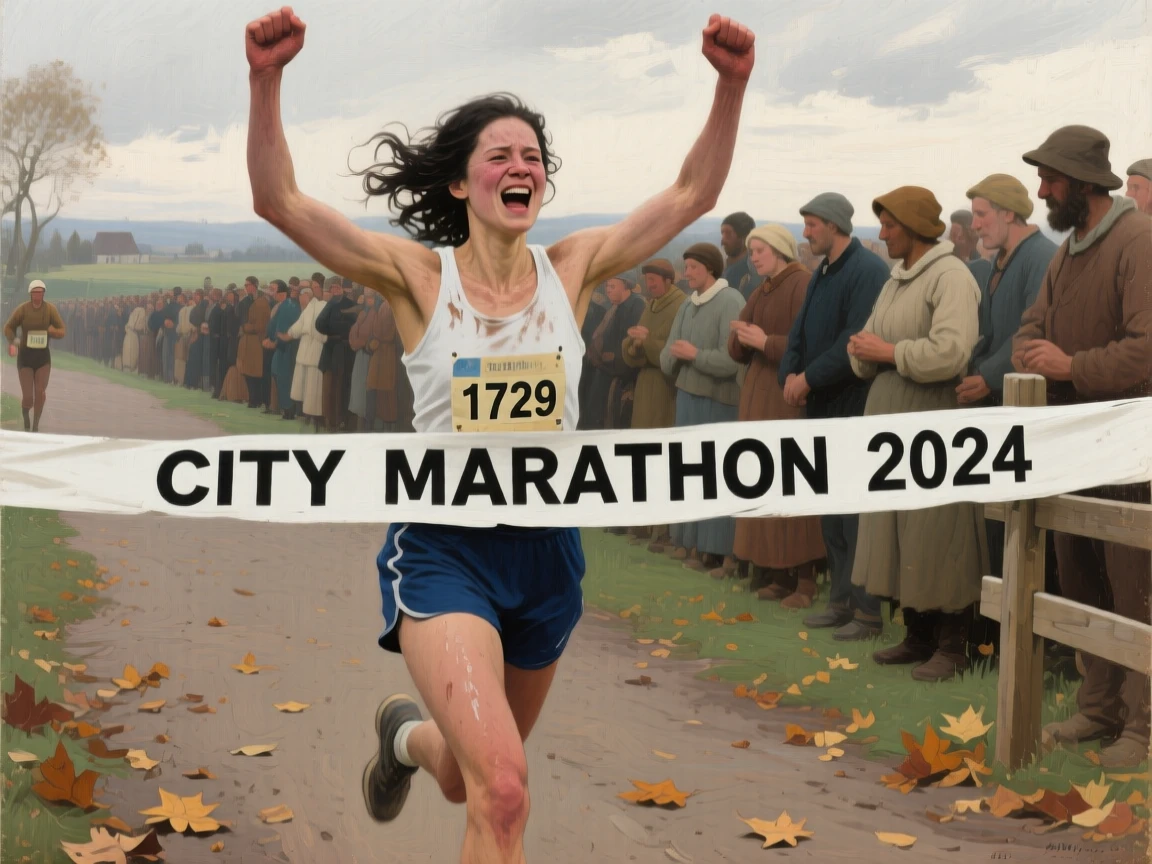 A determined marathon runner crossing the finish line, arms raised in triumph, as a gentle breeze catches loose strands of hair, capturing a universal, deeply human moment of emotion