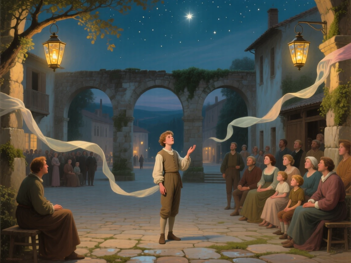 A young poet reciting verses to an enraptured garden gathering at the story's most enchanting and memorable turn, set beneath a canopy of stars over a sleepy village square, with lanterns swaying gently and silk ribbons catching the breeze; receding archways create a sense of stepping into another world, capturing the enchantment of tales passed down through generations.