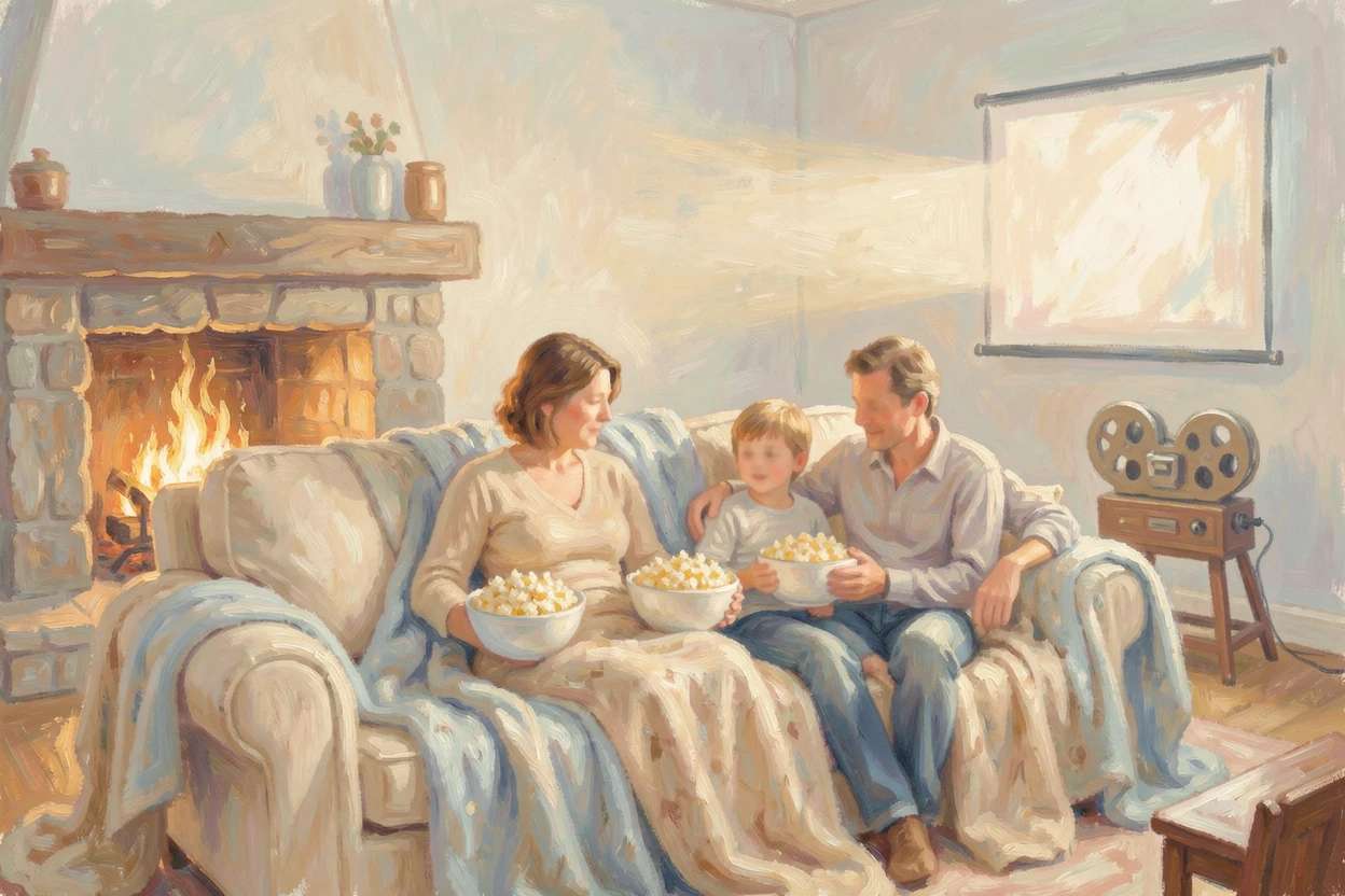 A cozy family movie night with blankets, popcorn, and a fire crackling in the background.