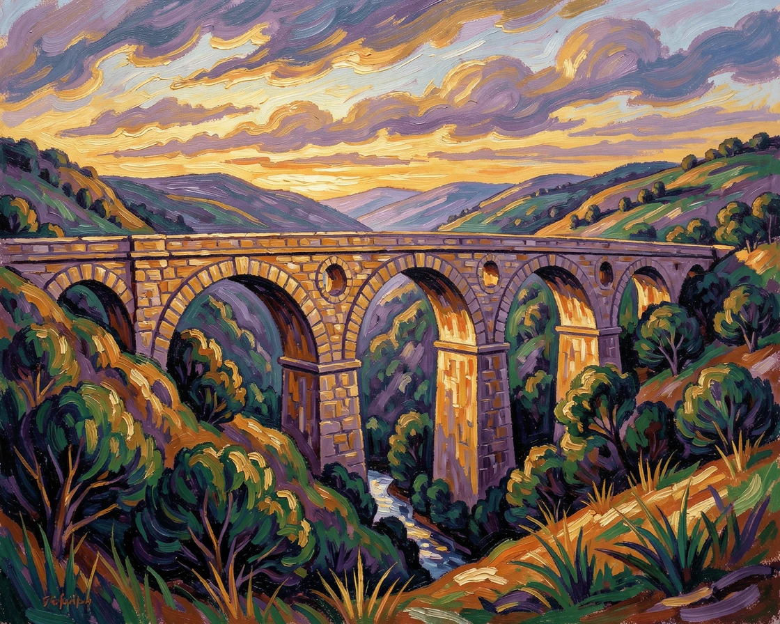 A grand stone aqueduct stretching across a valley, framed by golden evening light.