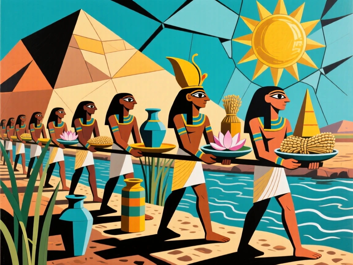 An ancient Egyptian procession carrying offerings along the banks of the Nile.