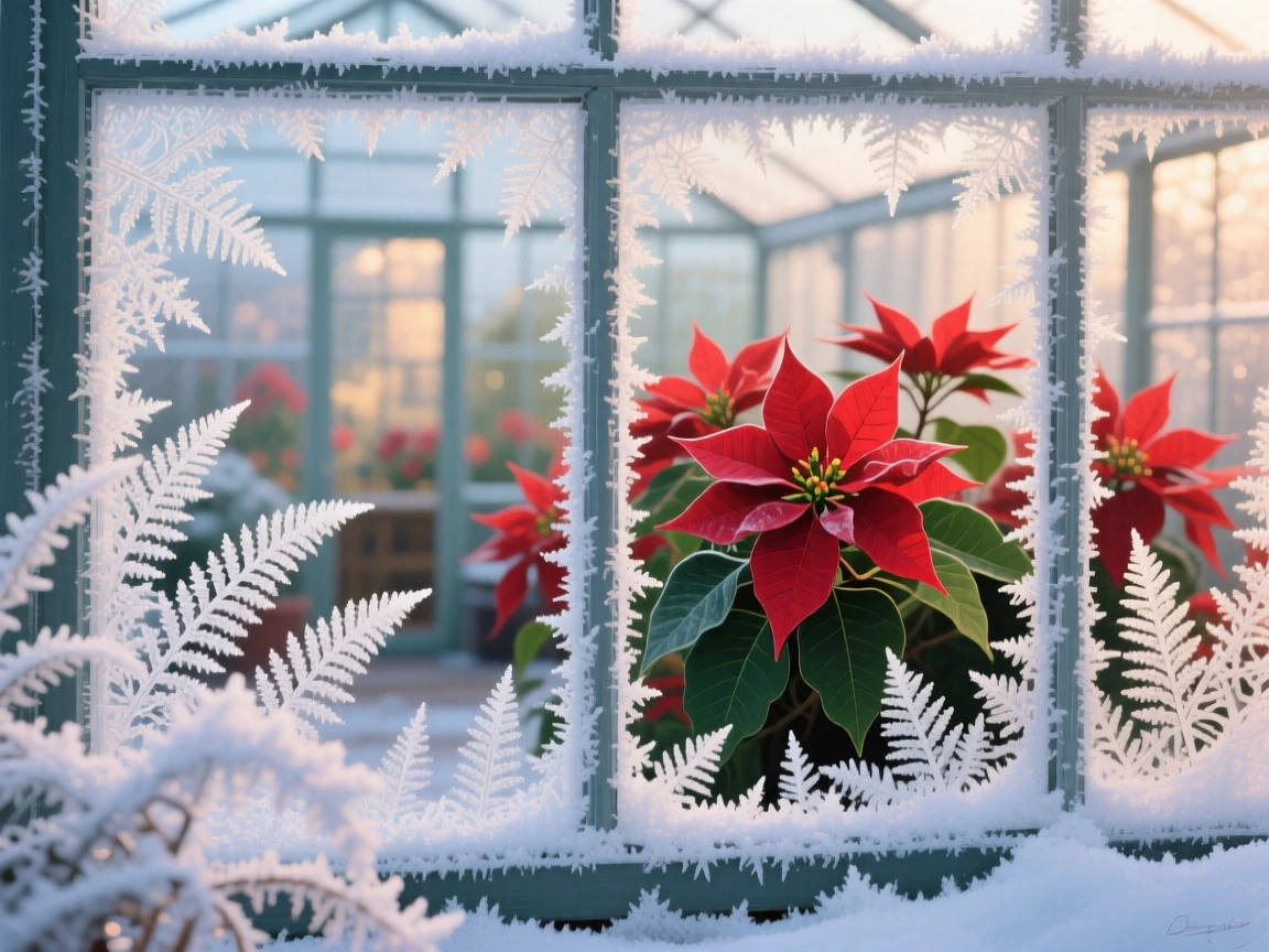 A close-up of frost patterns forming on a greenhouse window shows delicate fern-like ice crystals framing blurred red poinsettias inside, the composition balancing a wide sweeping view with intimate, carefully observed foreground detail.