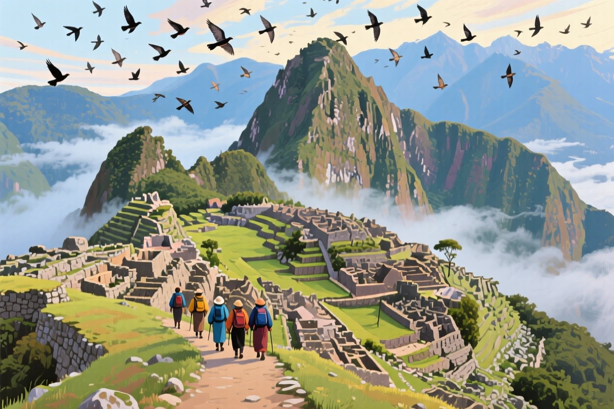 Machu Picchu's terraces wrapped in morning mist, beneath a sky full of migrating birds, a small group of pilgrims making their way along an ancient path