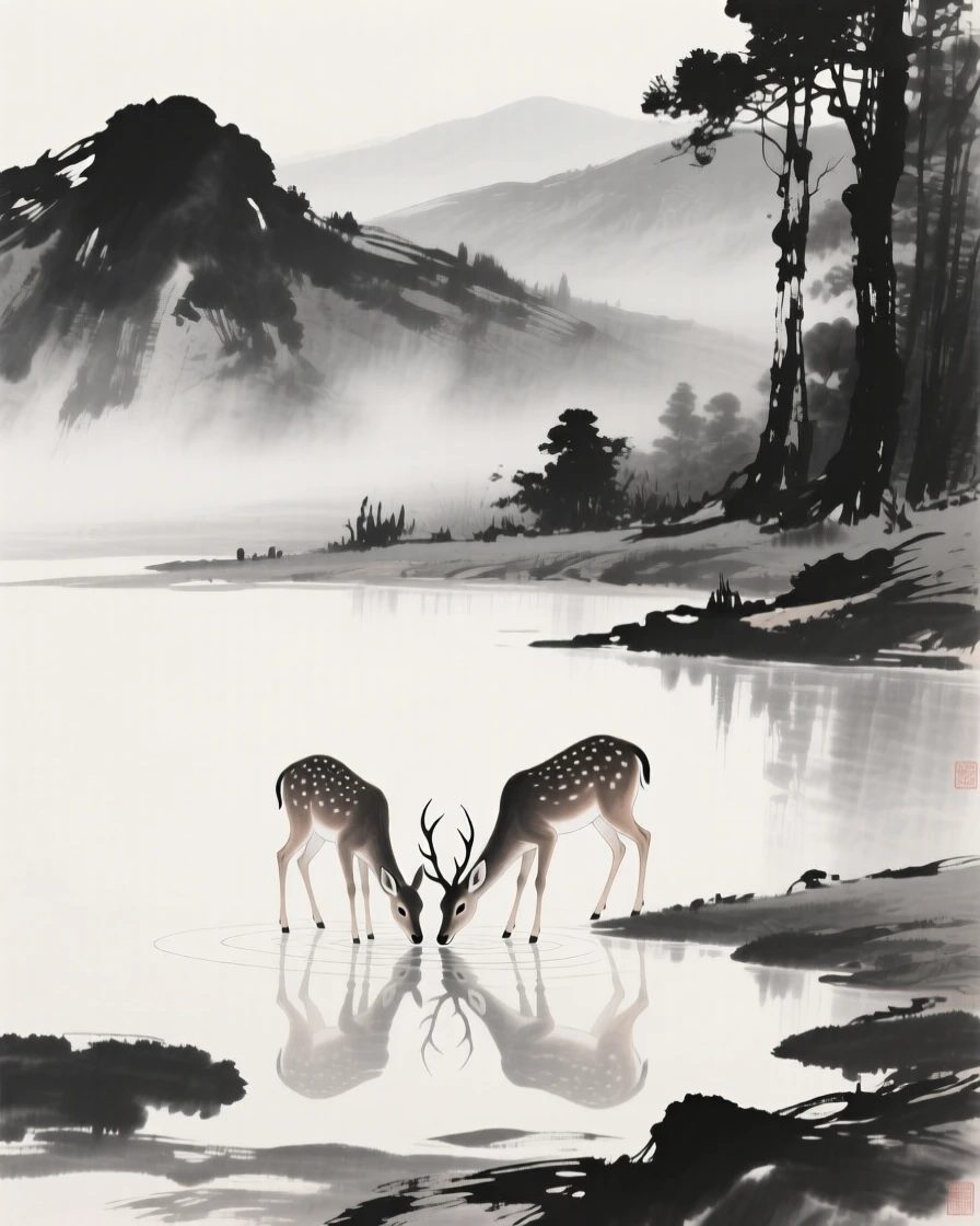 A pair of deer drink from a still forest pool, with distant hills rising through the morning haze.
