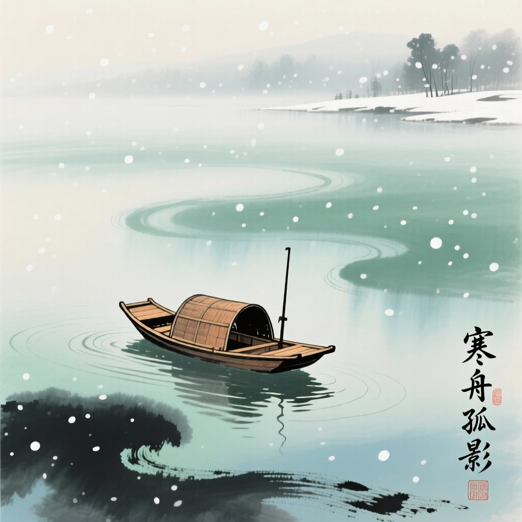A single boat drifting alone on a vast, mist covered lake, through swirling morning fog, under the first snow of winter.