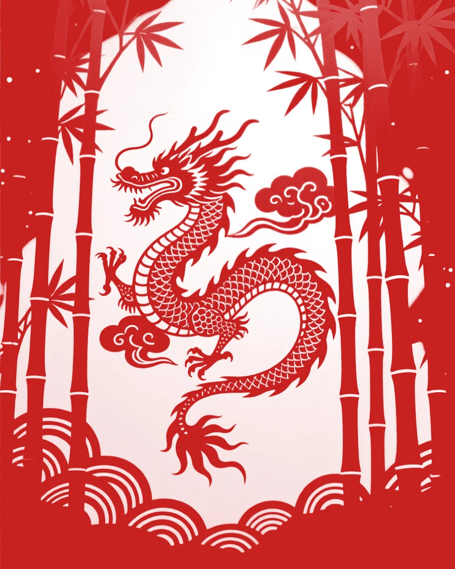 A cloud-borne dragon, woven through a forest of impossibly tall bamboo, glowing softly against the deep night sky.