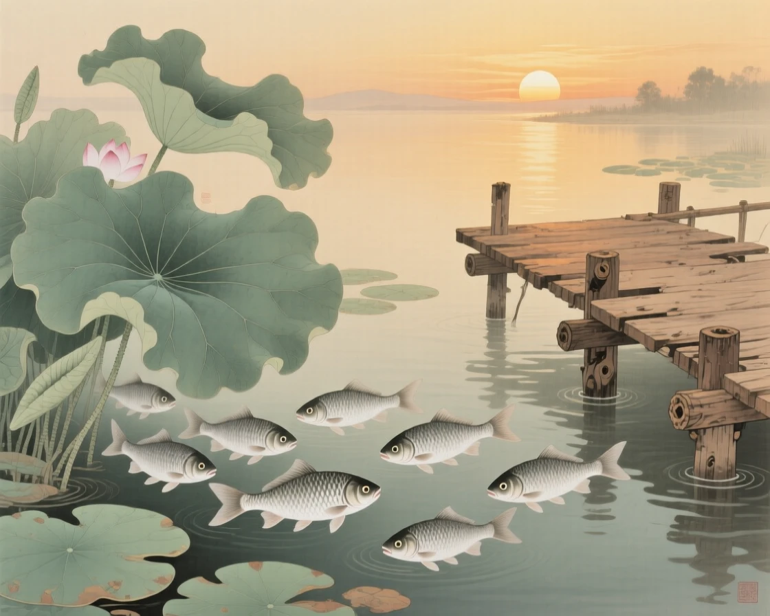 A school of silver fish beneath lily pads beside a wooden dock at sunrise