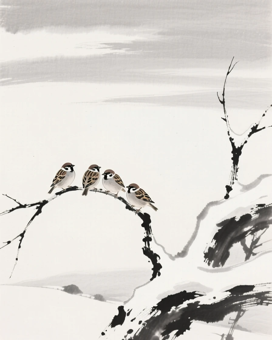A flock of sparrows perched on a bare winter branch beside a snow-covered branch, framed against a wide expanse of open sky, carrying a quiet, poetic stillness.