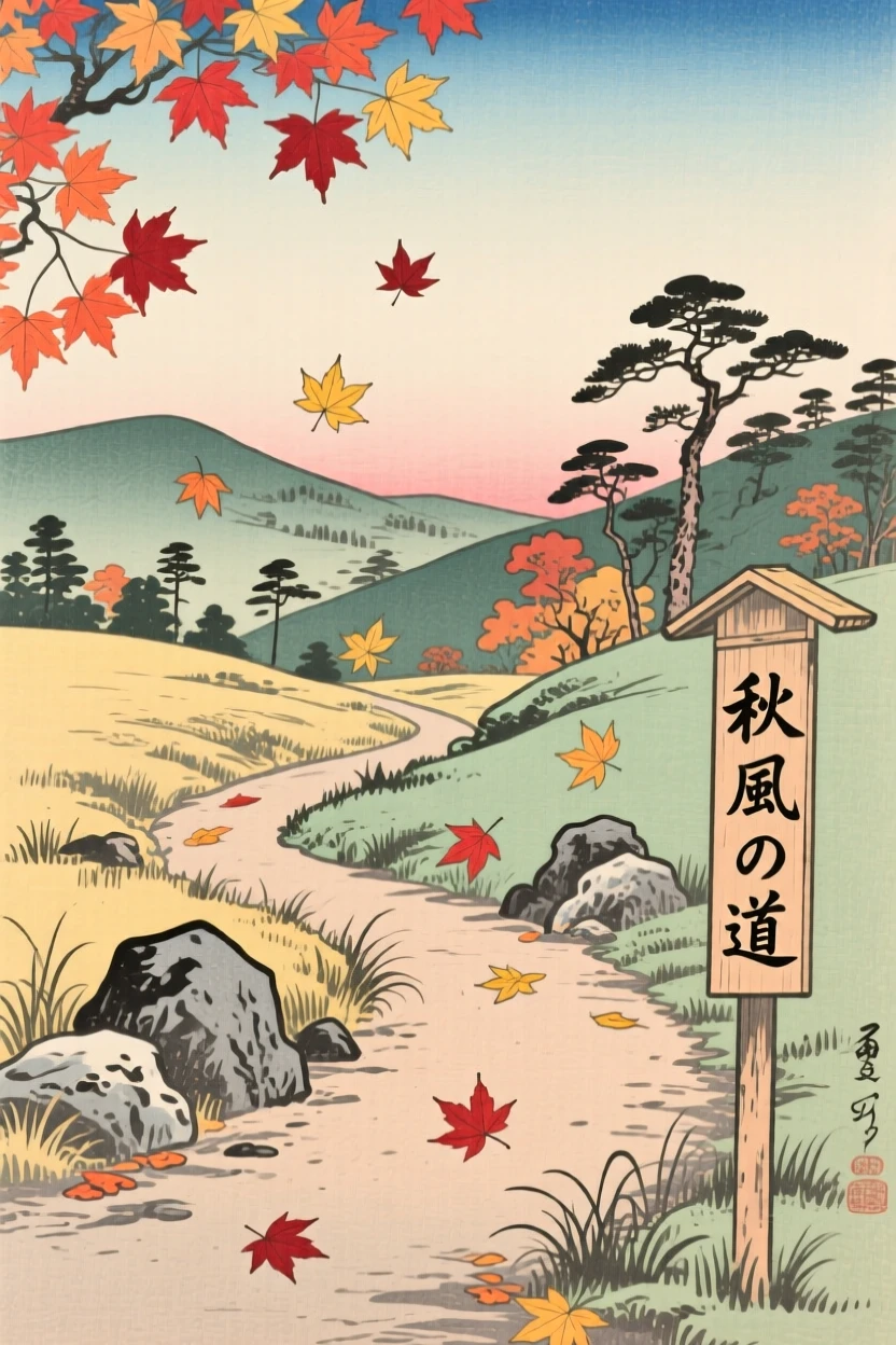 Drifting maple leaves along a quiet path under a wide open autumn sky.