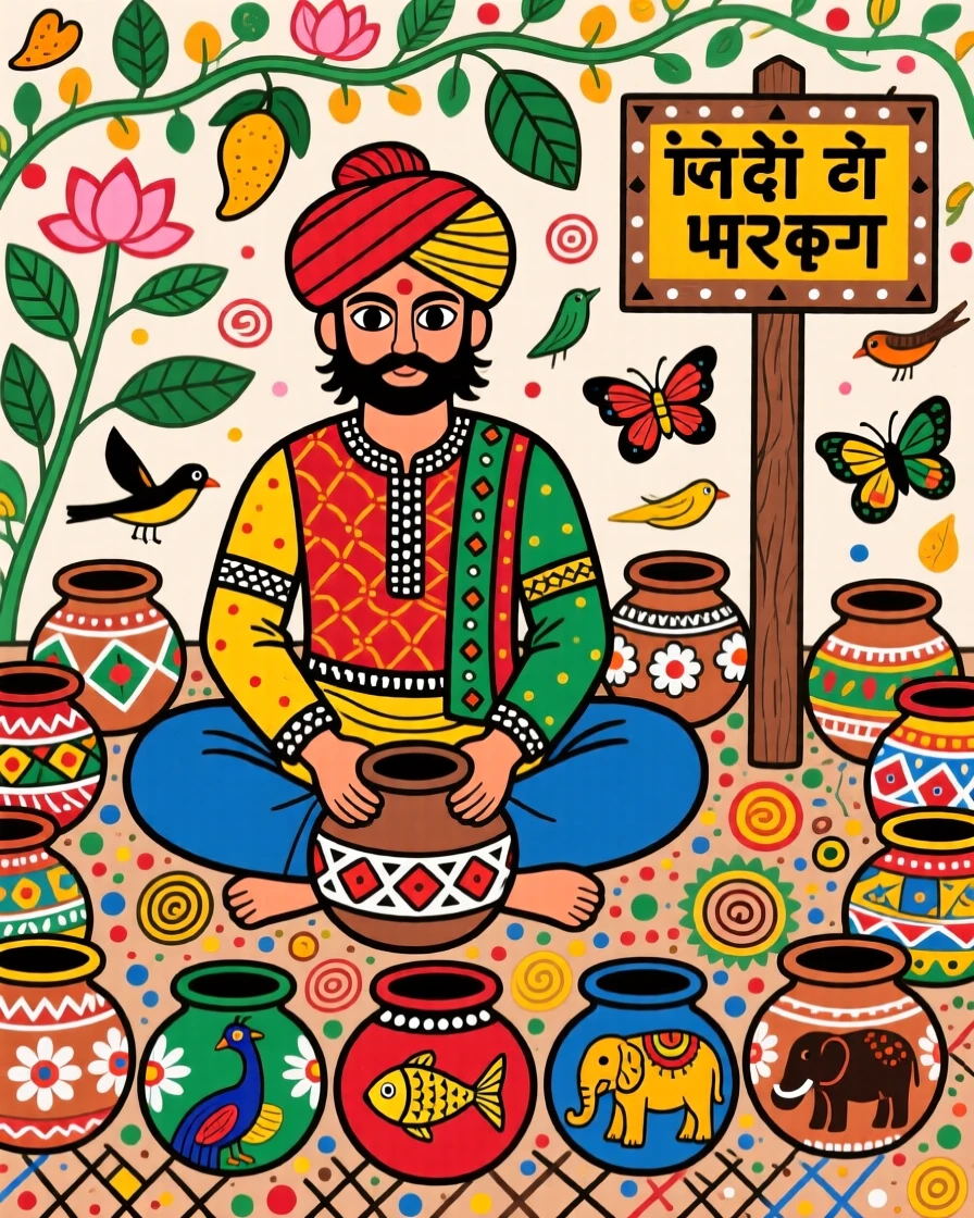A potter selling rows of painted clay pots at a village fair.