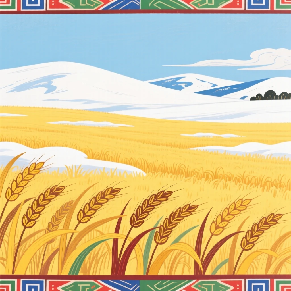 A wide field of golden barley seen from a quiet overlook, under a blanket of fresh snow.