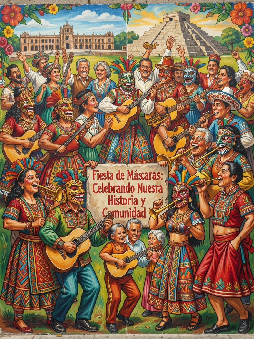A masquerade celebration with elaborate costumes and masks