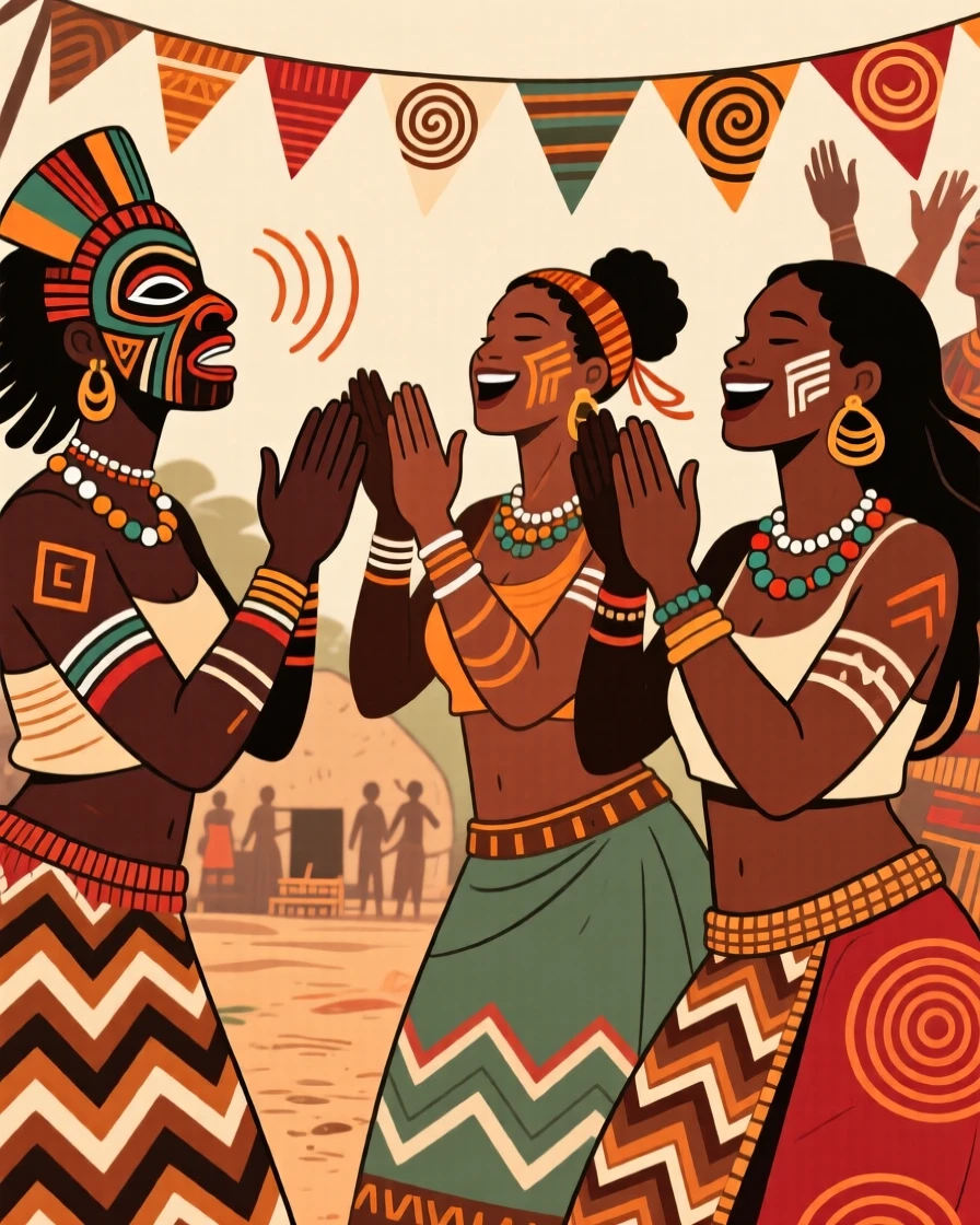 A group of women clapping in rhythm celebrating at a lively village festival.