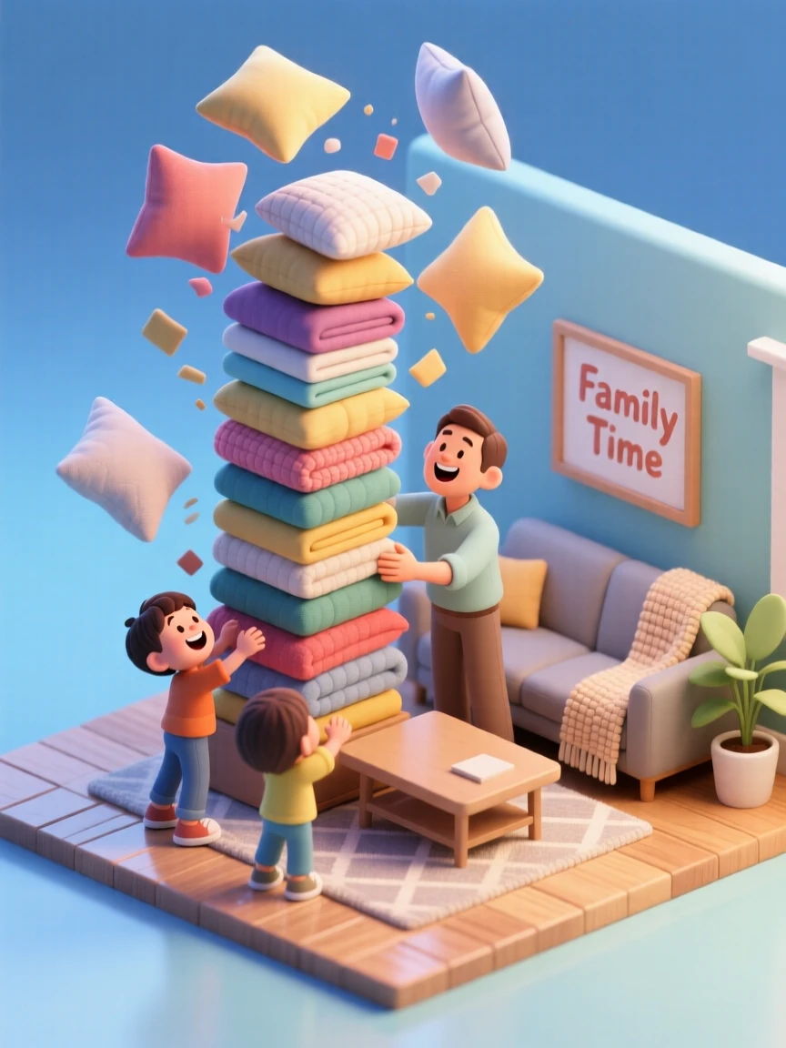 A family scene of building a blanket pillow tower in the living room, cushions stacked precariously, and laughter frozen mid-collapse.