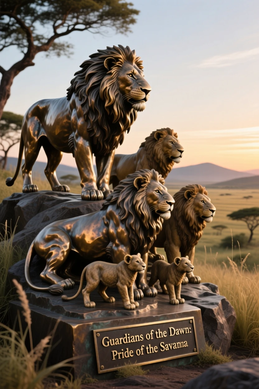 A pride of lions watching over the savanna at dawn, framed by dramatic natural scenery, evoking wonder and majesty