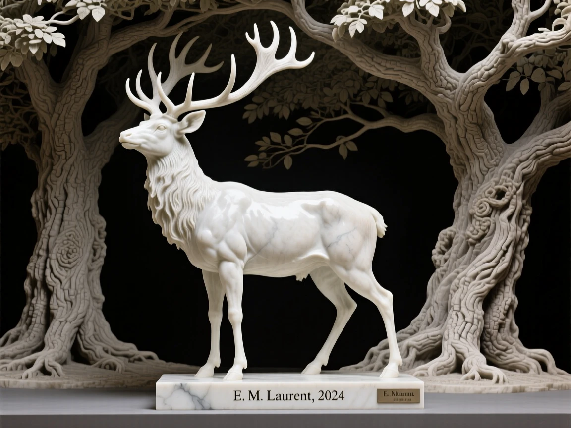A majestic stag with towering antlers captured in a powerful, dignified pose beneath a canopy of ancient trees