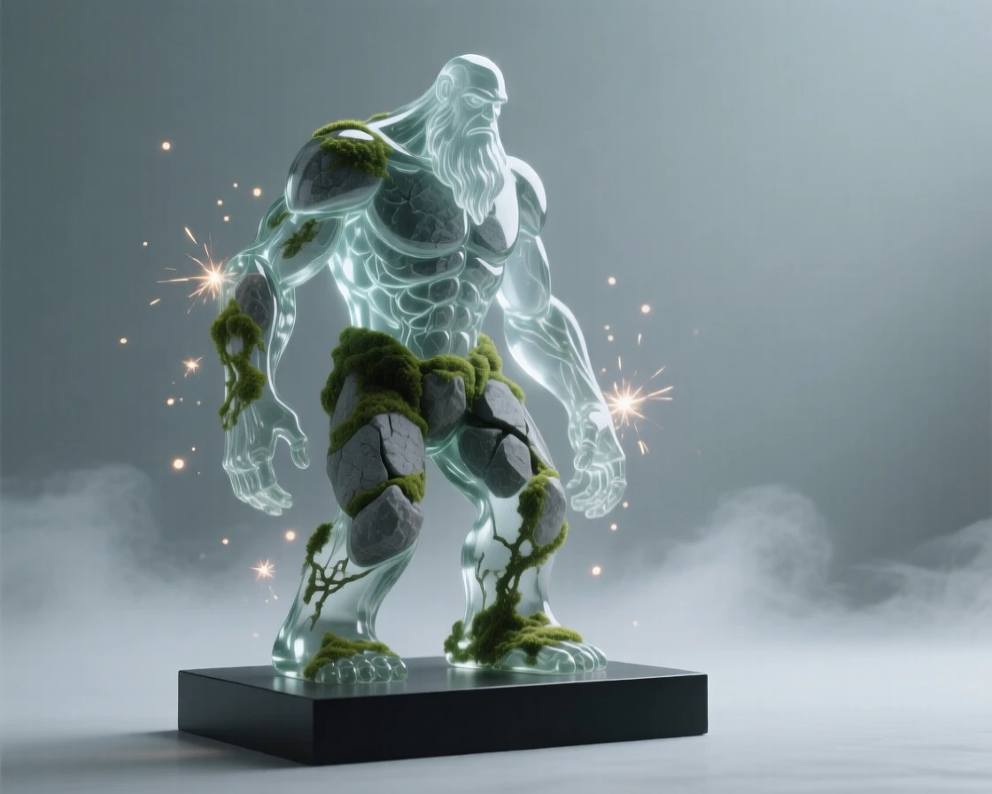 A wandering giant made of stone and moss surrounded by softly glowing particles and gentle mist, wide cinematic composition, radiating magic and serenity.