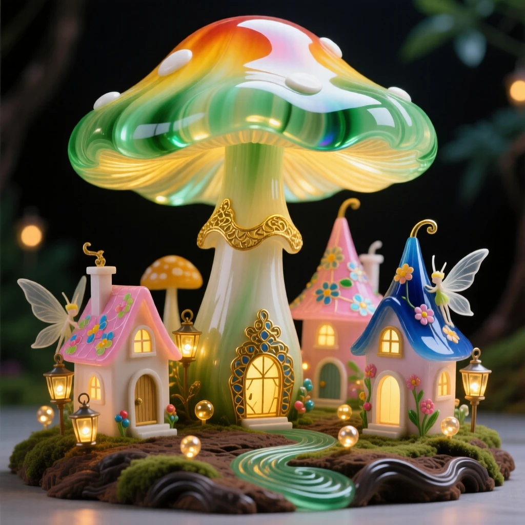 A tiny fairy village glowing with lantern light beneath a giant mushroom canopy, whimsical and cozy.