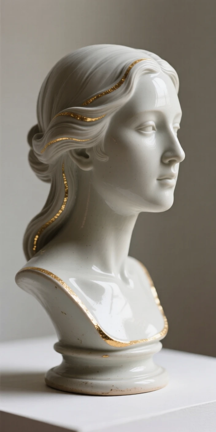 A graceful bust of a serene woman's profile set as a striking accent within a tasteful arrangement, accented by tasteful gilded highlights, stirring a sense of understated opulence.