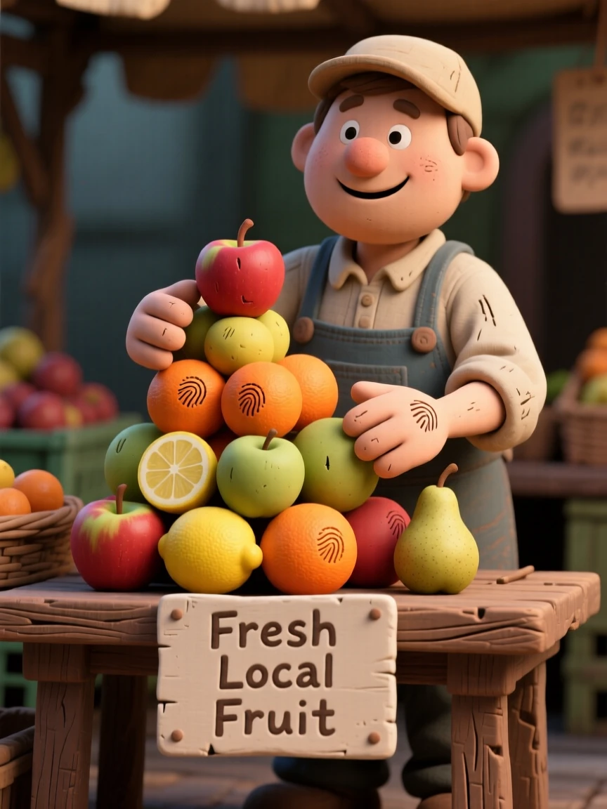 A farmer's market vendor arranging a colorful pyramid of fruit