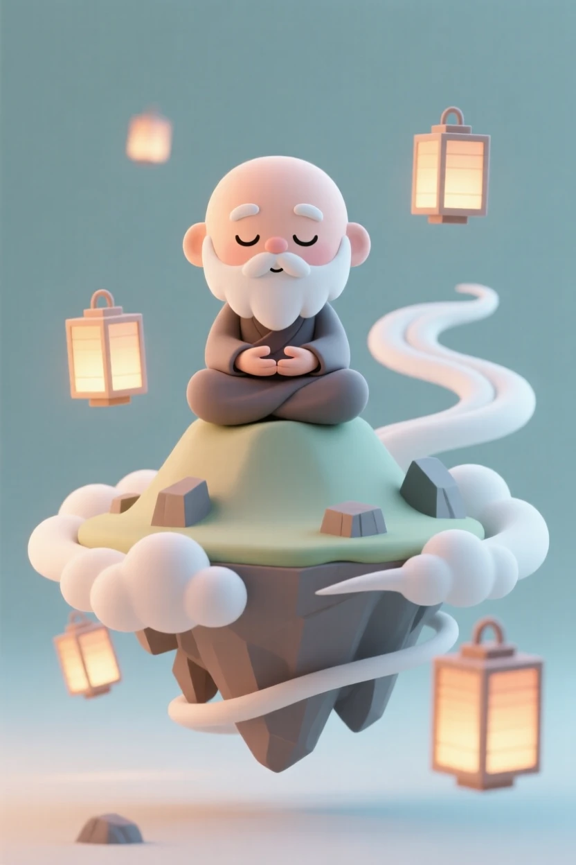 A wise hermit sage meditates atop a floating mountain, surrounded by swirling clouds and glowing lanterns.
