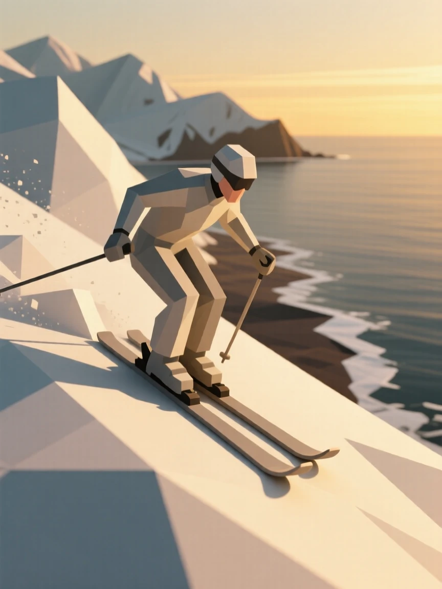 A skier carving down a powdery mountain slope, at golden hour by the coastline. dynamic motion is captured with a clear sense of energy. It captures a feeling of personal accomplishment.
