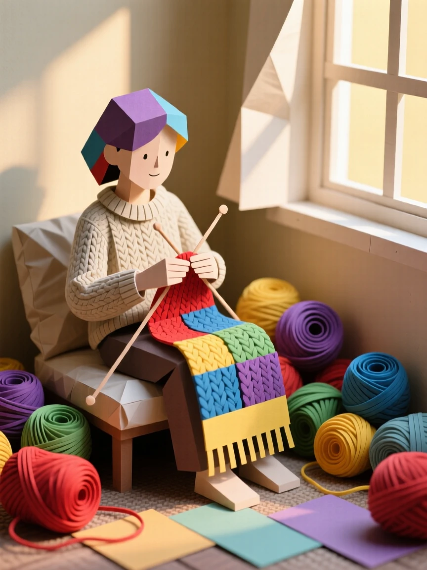 A knitter surrounded by colorful yarn skeins in a cozy sunlit corner, a half-finished scarf draped over their lap, evoking calm creative focus.