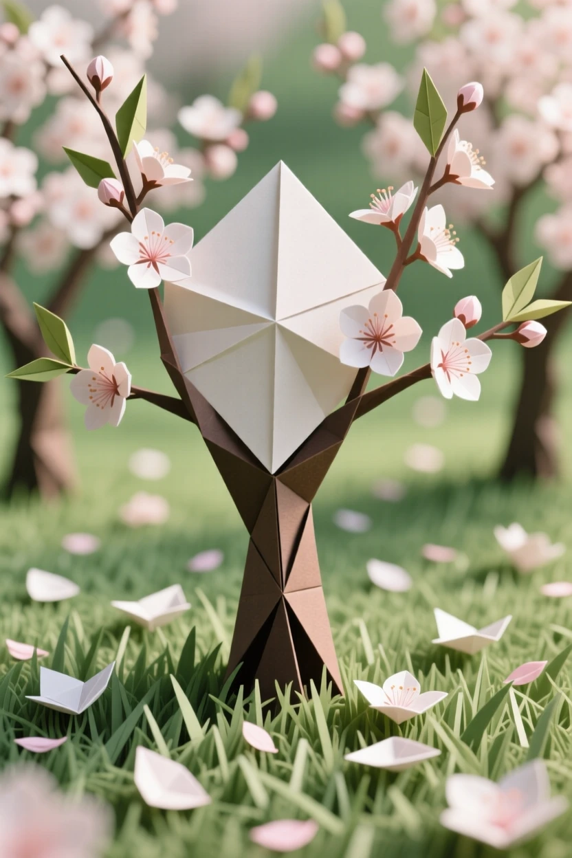 A peaceful orchard of blossoming plum trees with petals scattered across the grass.