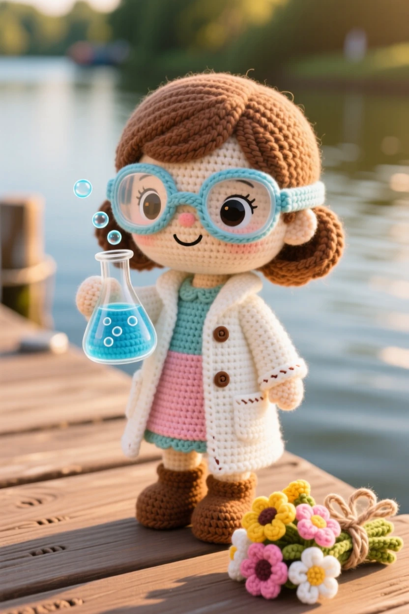 a little girl scientist, with oversized safety goggles and a curious grin, is captured peering into a bubbling beaker in a peaceful riverside dock at golden hour beside a bundle of fresh flowers tied with twine, radiating cheerful industriousness and community spirit.