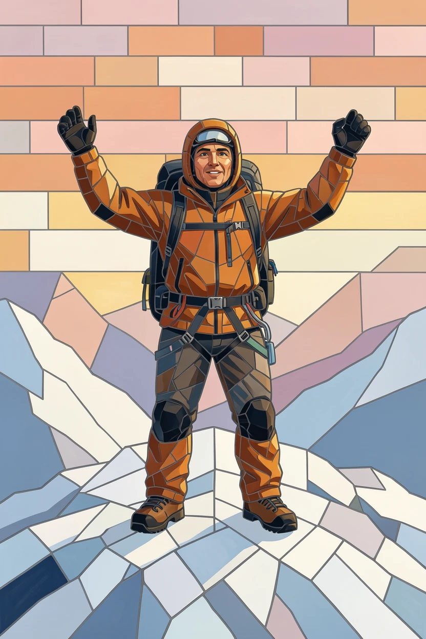 A warm, expressive portrait of a mountaineer standing triumphantly atop a snowy peak at sunrise, with soft natural lighting and rich emotional detail.
