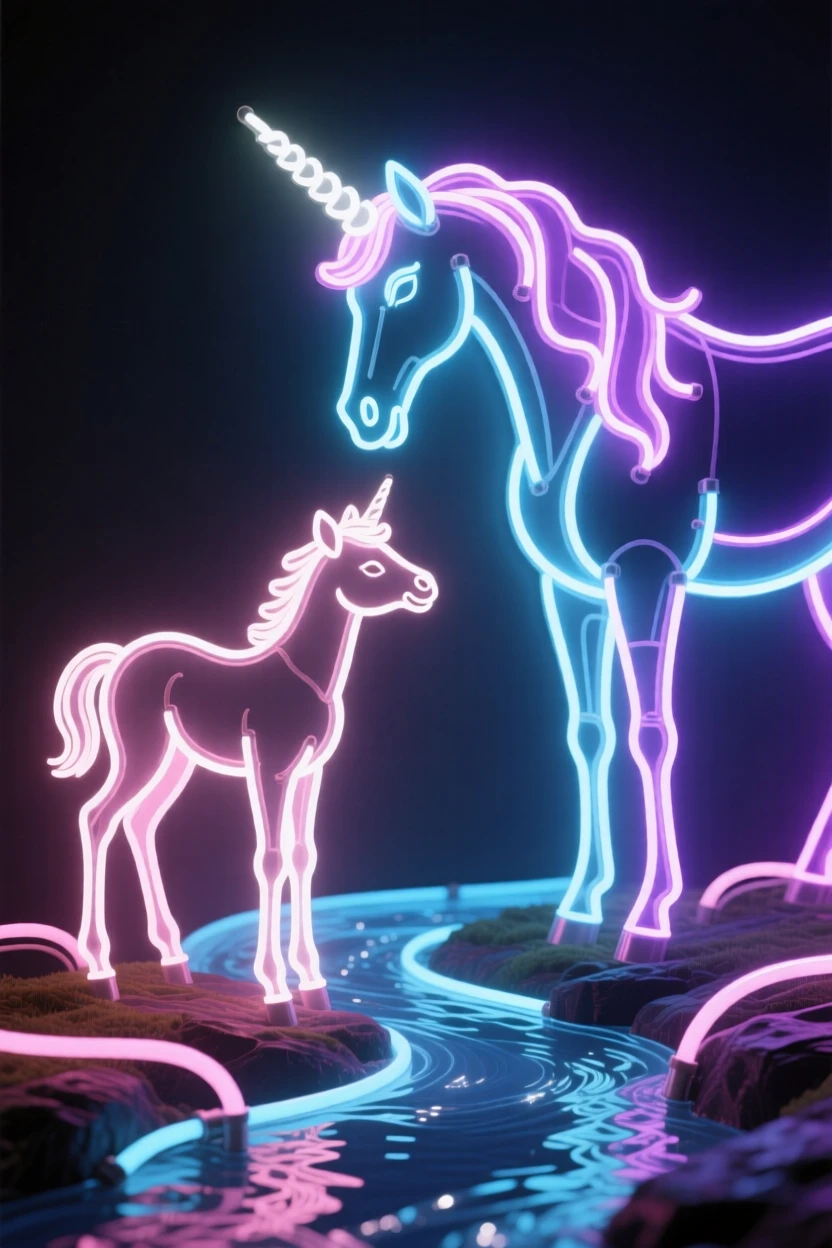 A unicorn foal nuzzling its mother beside a crystal-clear stream.
