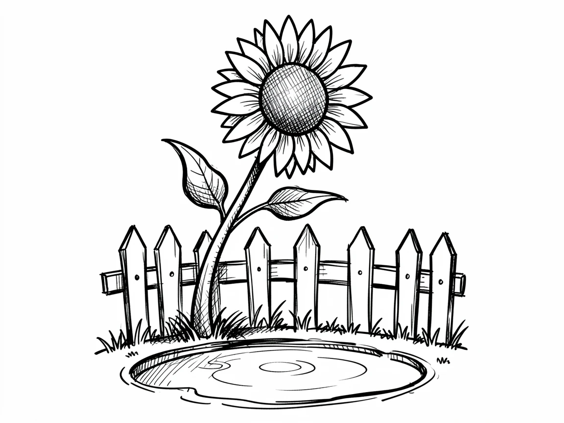 A single sunflower taller than a fence beside a garden pond.