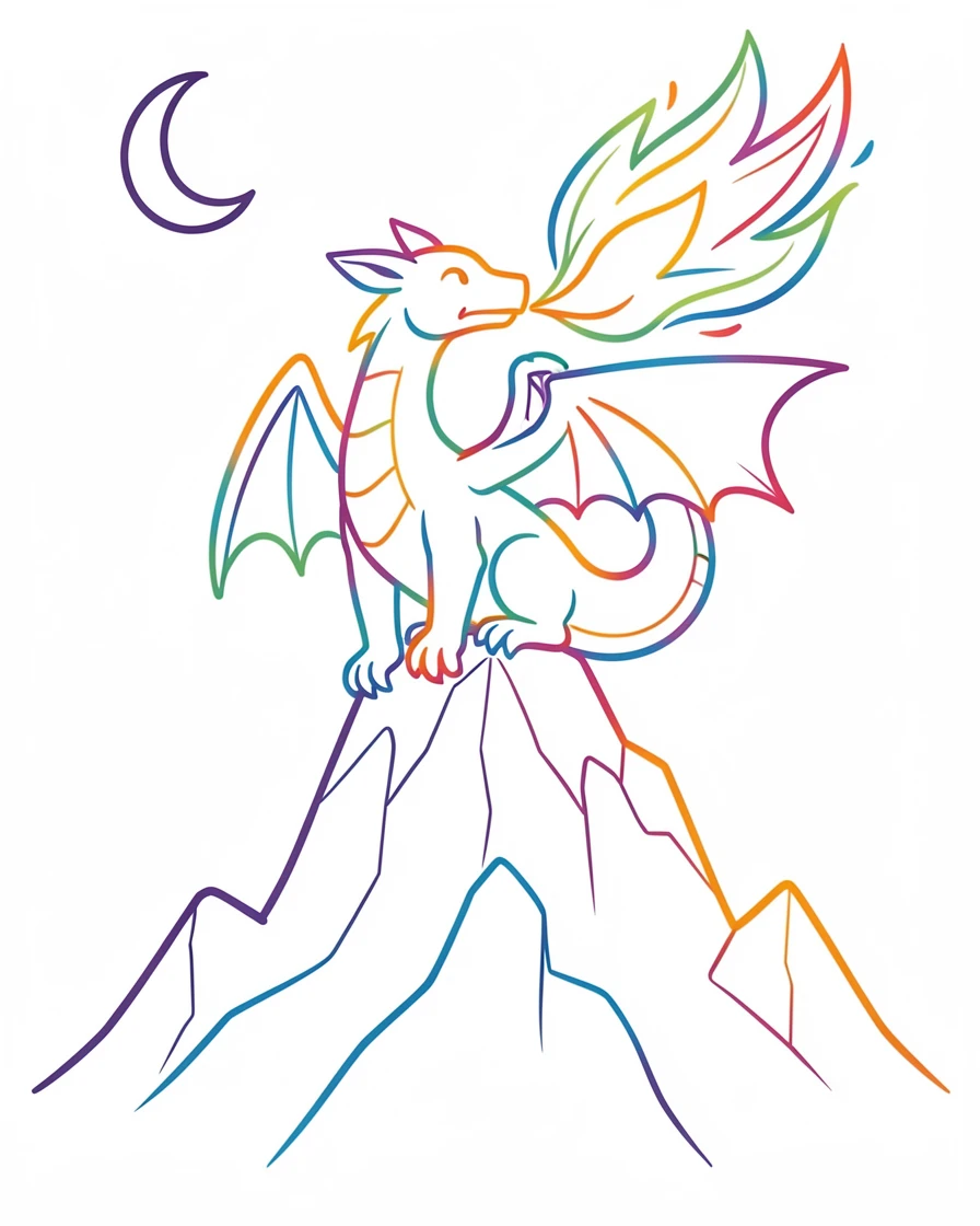A dragon perched atop a mountain, breathing a plume of fire into the night sky.