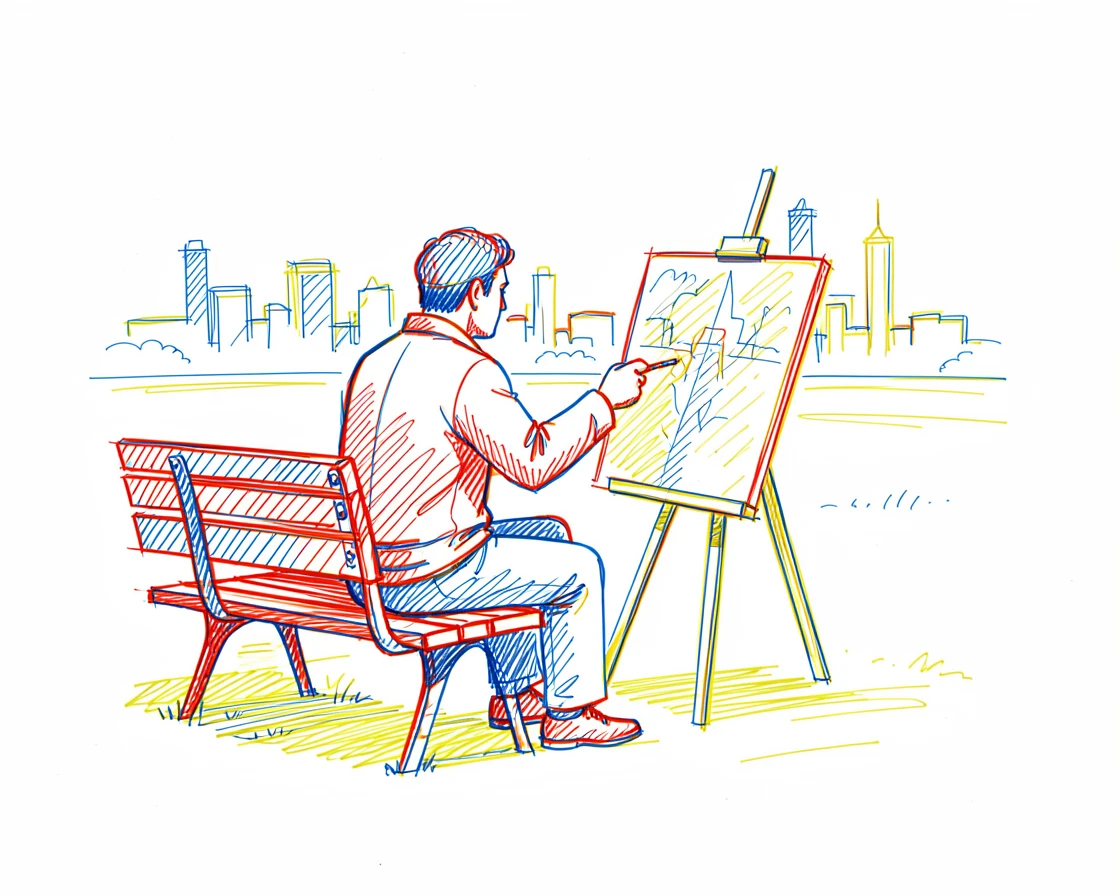 An artist sketching a cityscape from a park bench, easel angled toward the skyline
