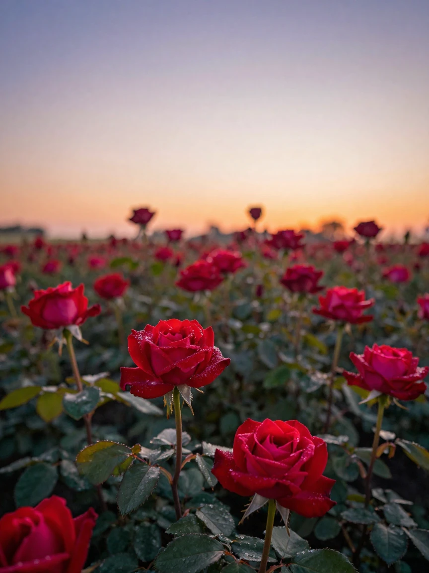 A field of red roses in full bloom at sunrise