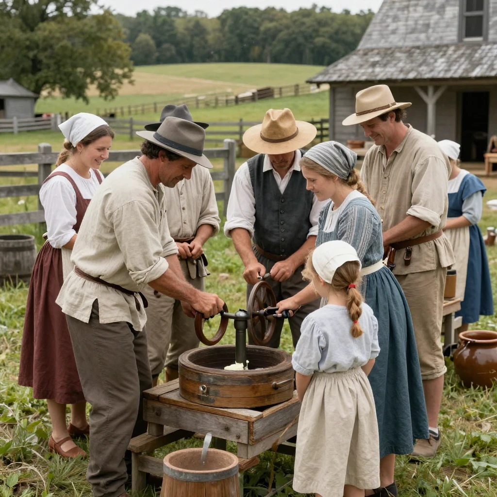 A group in colonial-era dress churns butter by hand at a living history farm.