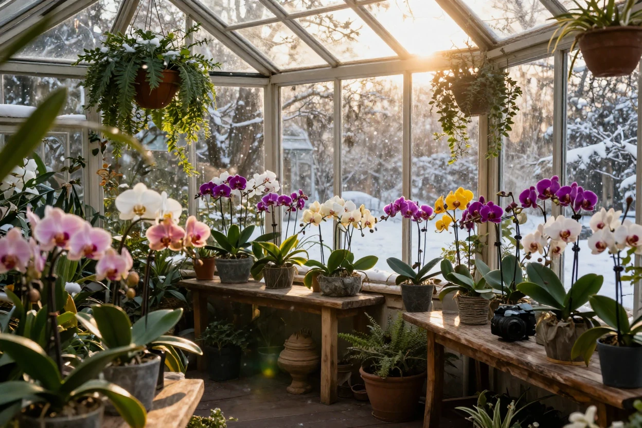 A sunlit conservatory filled with blooming orchids, welcoming and warm, during a quiet snowfall outside