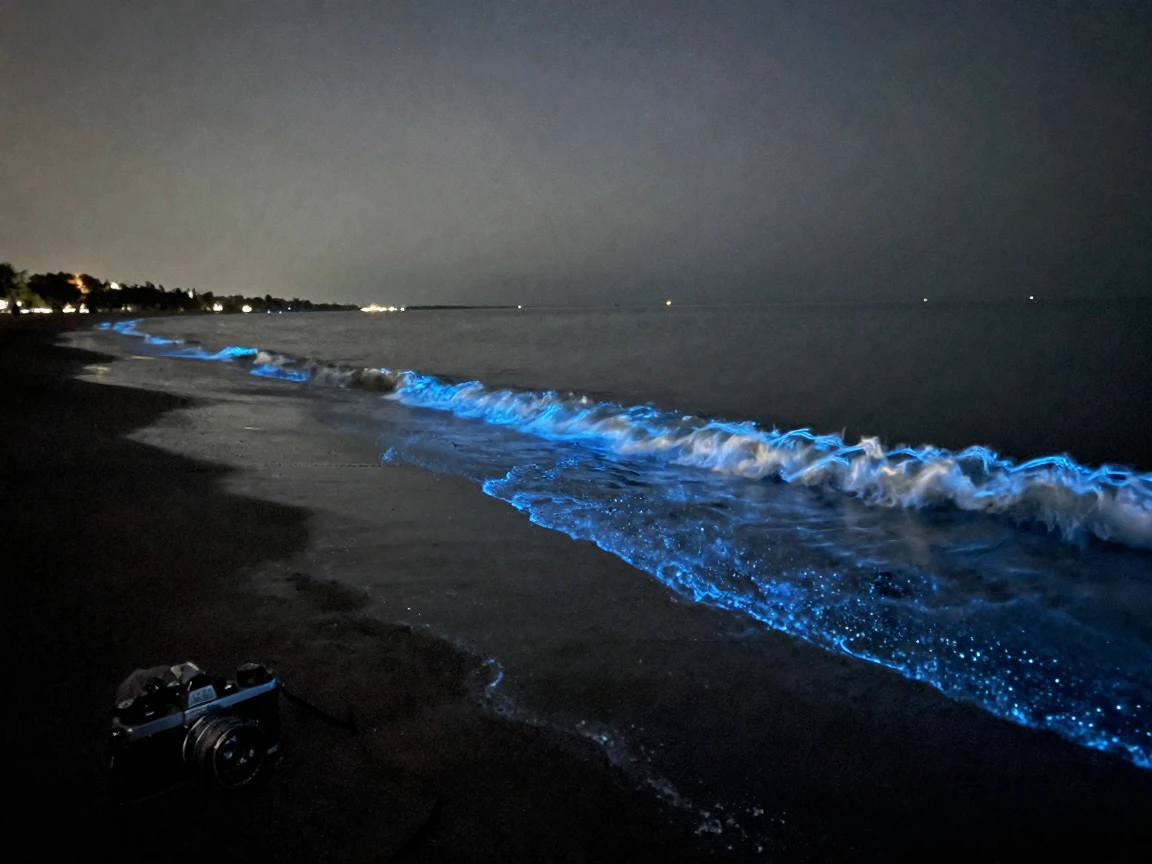 Bioluminescent waves glowing blue along a dark midnight shore, in soft window light, on a clear, cloudless day, during the long days of summer, in cool blues and silvery greys, at eye level, intimate and direct.