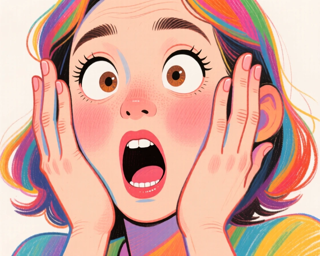 A woman holding both palms to her face in an exaggerated "oh no" expression.