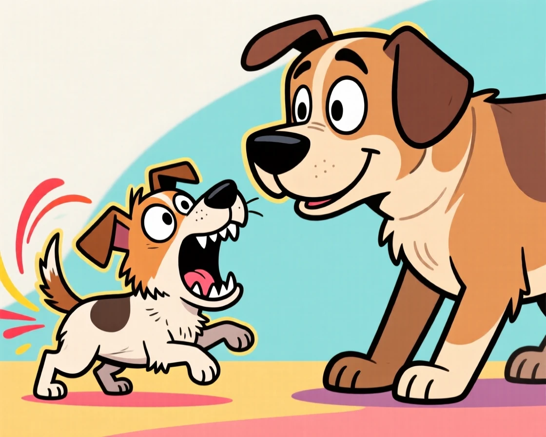 A charming animal moment featuring a scrappy little terrier barking bravely at a much larger dog, tail wagging fiercely.