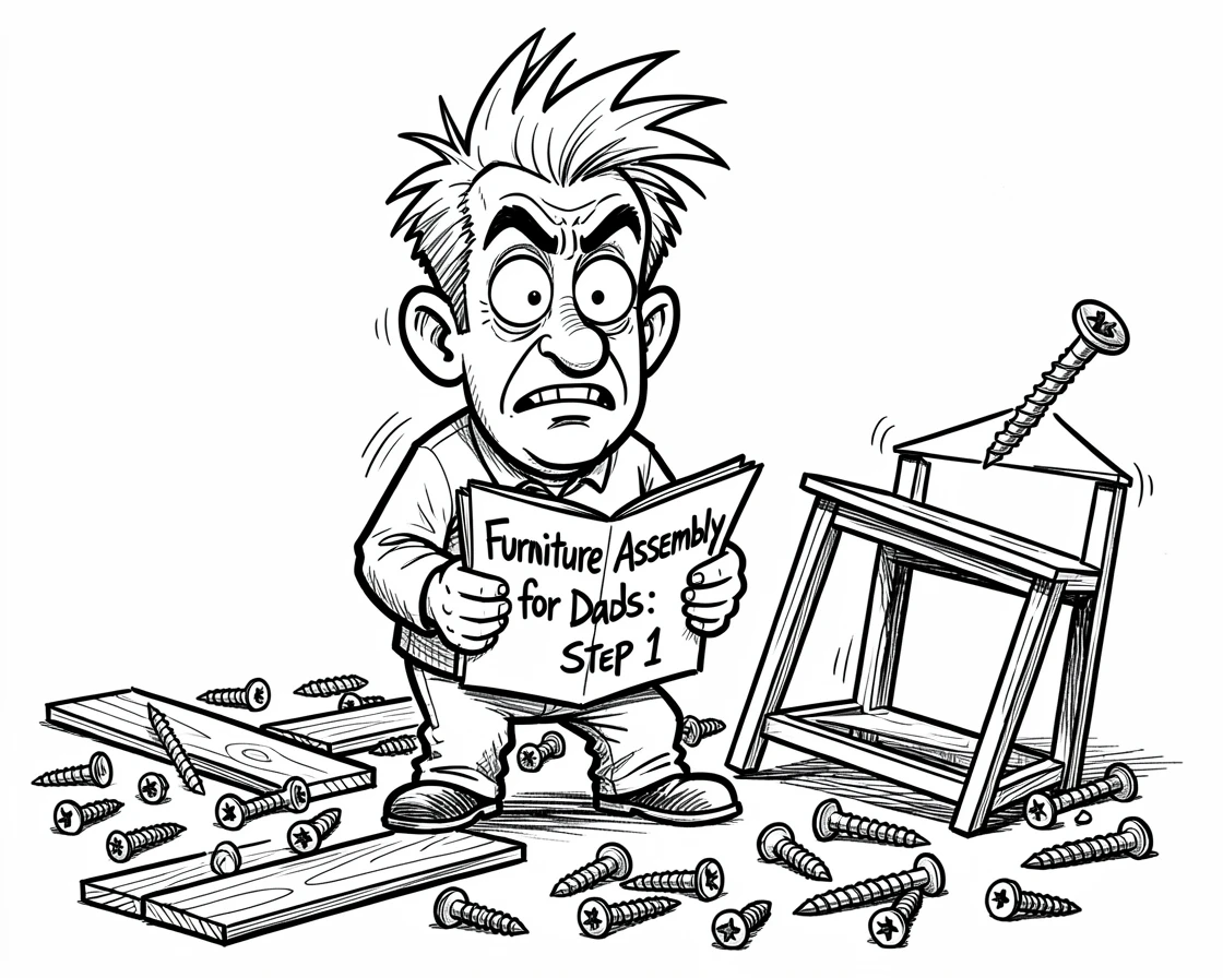 [Funny & Exaggerated Situations] Comical scene of a dad attempting to assemble furniture surrounded by leftover screws, exaggerated for maximum laughs