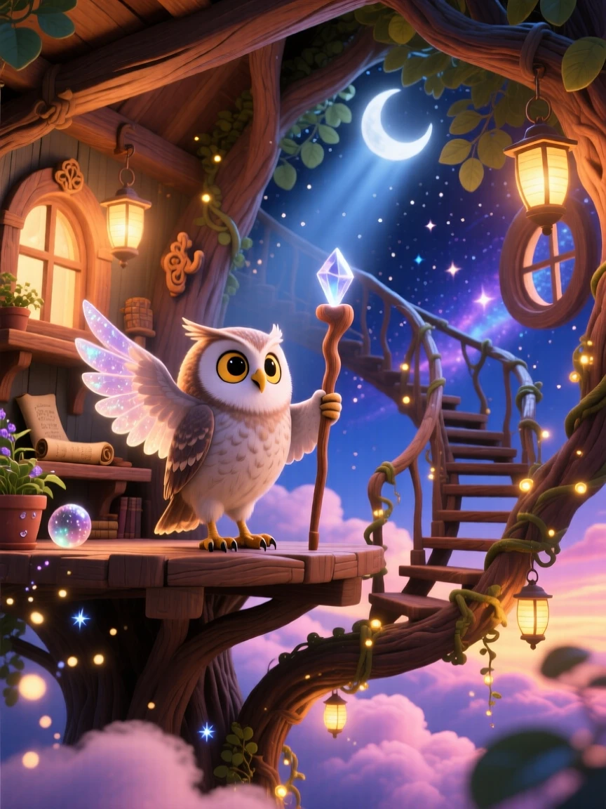 A celestial owl messenger stands inside a treehouse spiraling into the clouds, guiding lost travelers with a soft glow. The mood is enchanting, hopeful, and dreamlike, with delicate wings catching the moonlight.