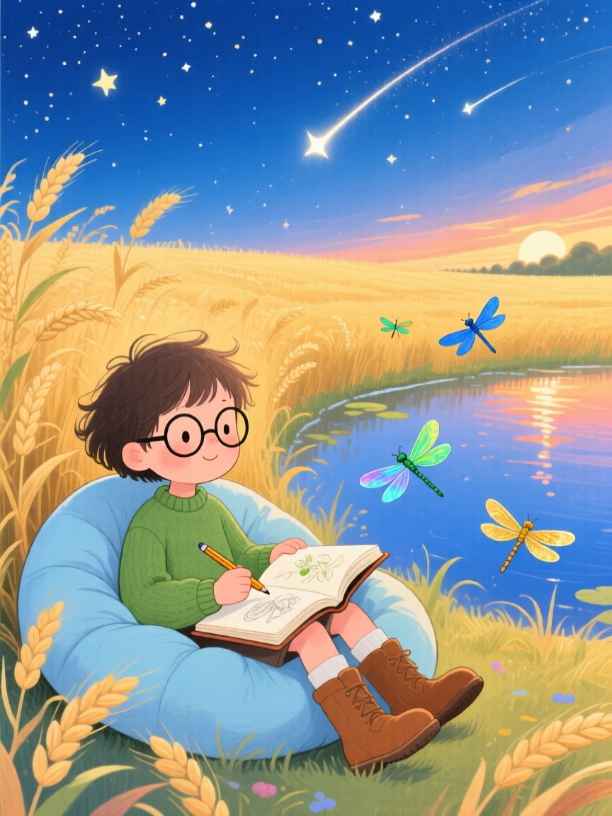 A young botanist with a sketchbook spends the day spotting shooting stars from a sleeping bag through a golden wheat field, while dragonflies dart above the water.