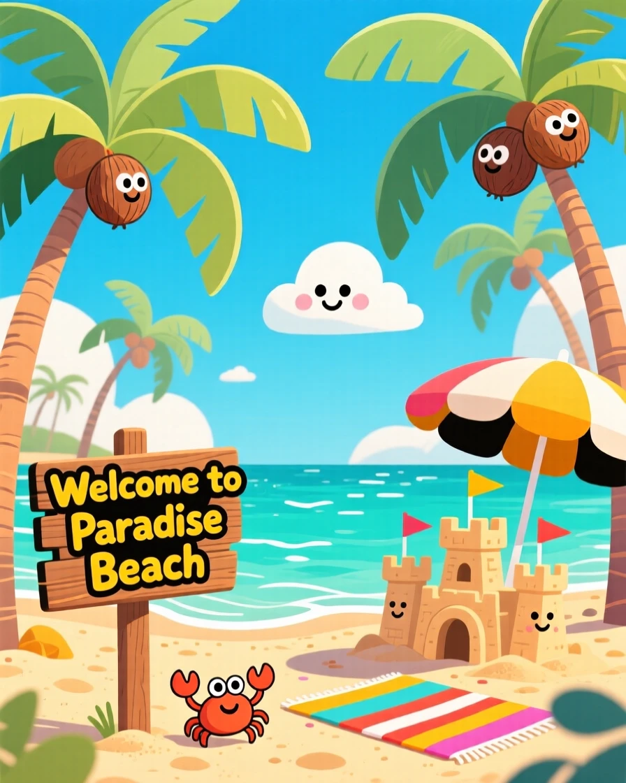 A tropical beach with turquoise water and swaying palm trees.